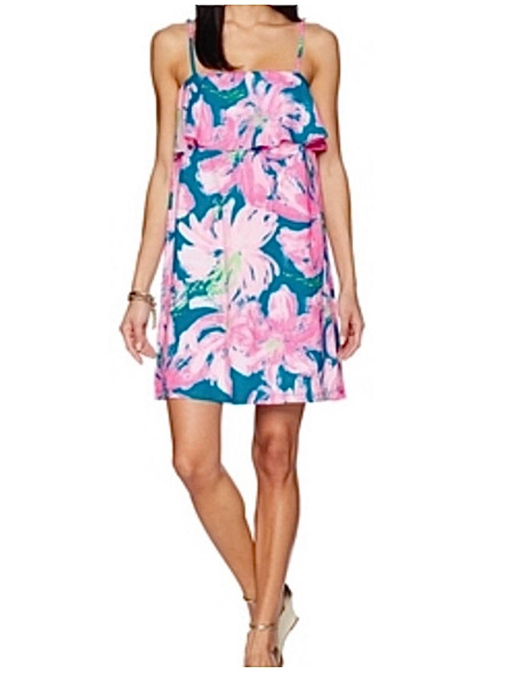 Lilly Pulitzer Annastasha Teal and Pink Floral Ruffle Swing Dress